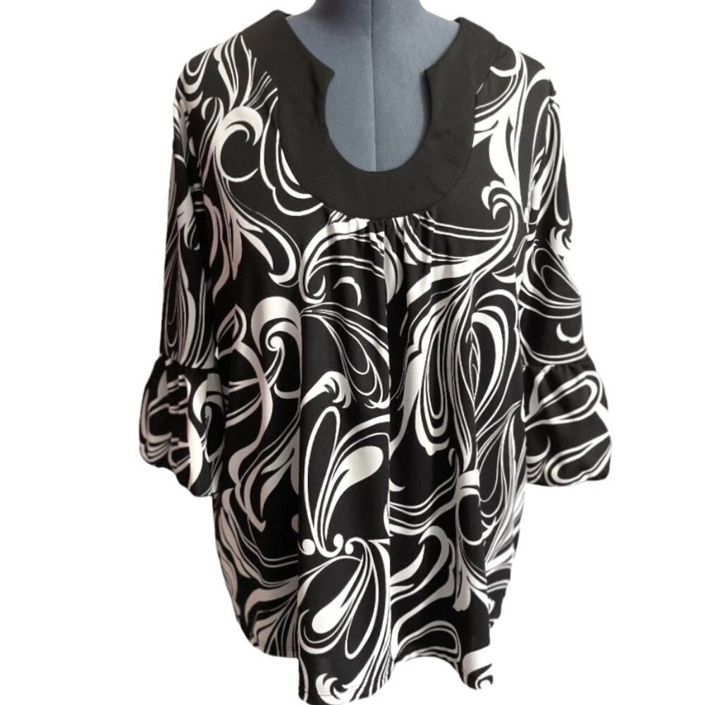 DRESS BARN WOMAN Black White Tunic Top Size 18/20 Swirls Keyhole CareerMade‎ USA